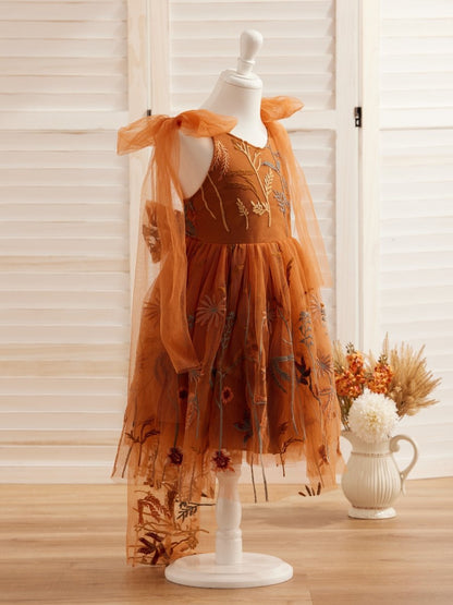 NumberSea - Burnt Orange Lace Tulle Embroidered Toddler Knee Length Flower Girl Dress