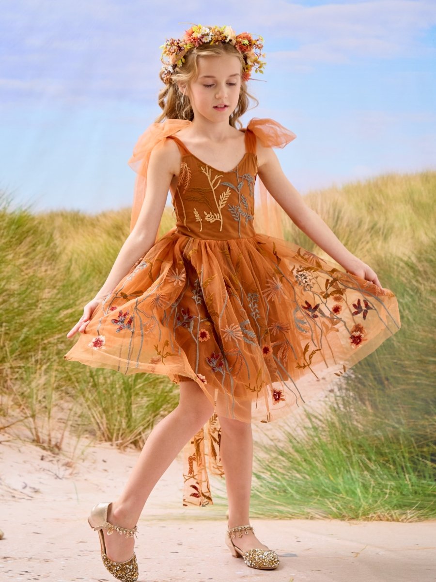 NumberSea - Burnt Orange Lace Tulle Embroidered Toddler Knee Length Flower Girl Dress