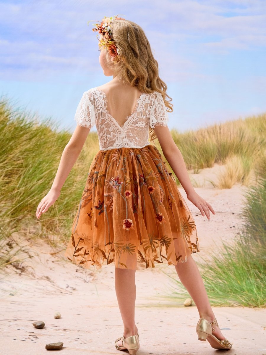 NumberSea - Burnt Orange White Lace Tulle Embroidered Knee Length Flower Girl Dress