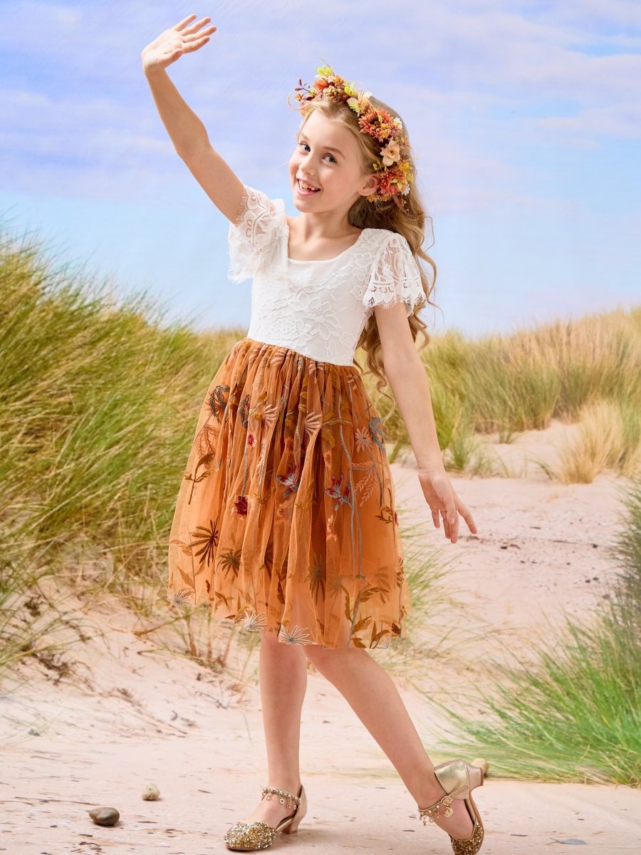 NumberSea - Burnt Orange White Lace Tulle Embroidered Knee Length Flower Girl Dress