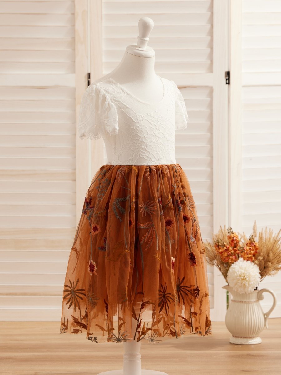 NumberSea - Burnt Orange White Lace Tulle Embroidered Knee Length Flower Girl Dress