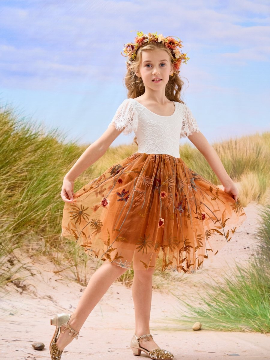 NumberSea - Burnt Orange White Lace Tulle Embroidered Knee Length Flower Girl Dress