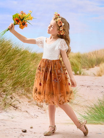 NumberSea - Burnt Orange White Lace Tulle Embroidered Knee Length Flower Girl Dress