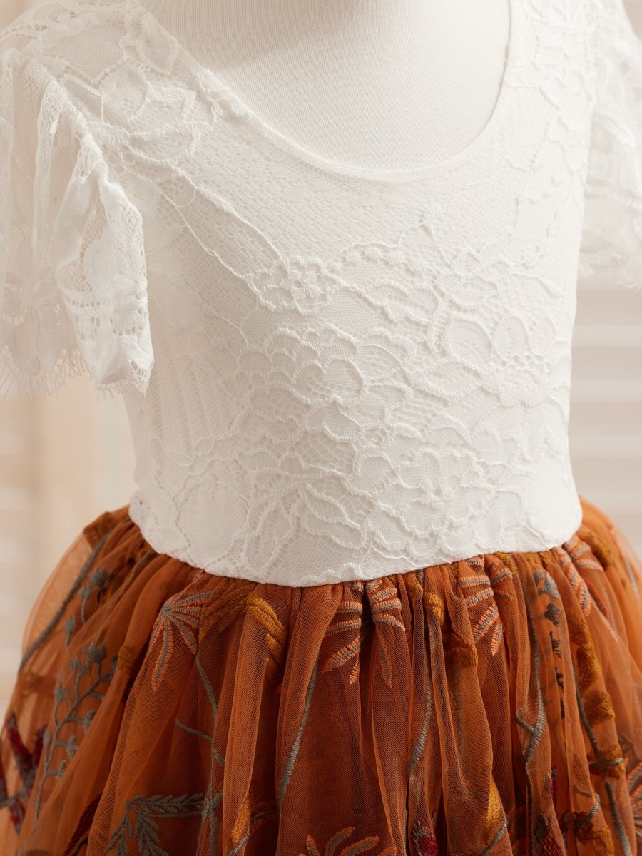 NumberSea - Burnt Orange White Lace Tulle Embroidered Knee Length Flower Girl Dress