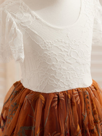 NumberSea - Burnt Orange White Lace Tulle Embroidered Knee Length Flower Girl Dress