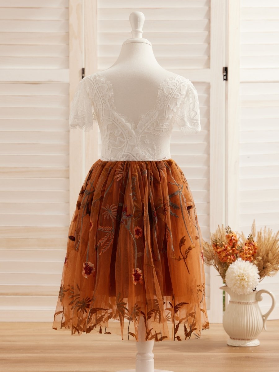 NumberSea - Burnt Orange White Lace Tulle Embroidered Knee Length Flower Girl Dress