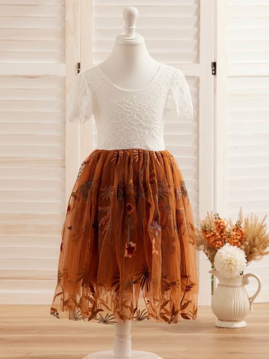 NumberSea - Burnt Orange White Lace Tulle Embroidered Knee Length Flower Girl Dress