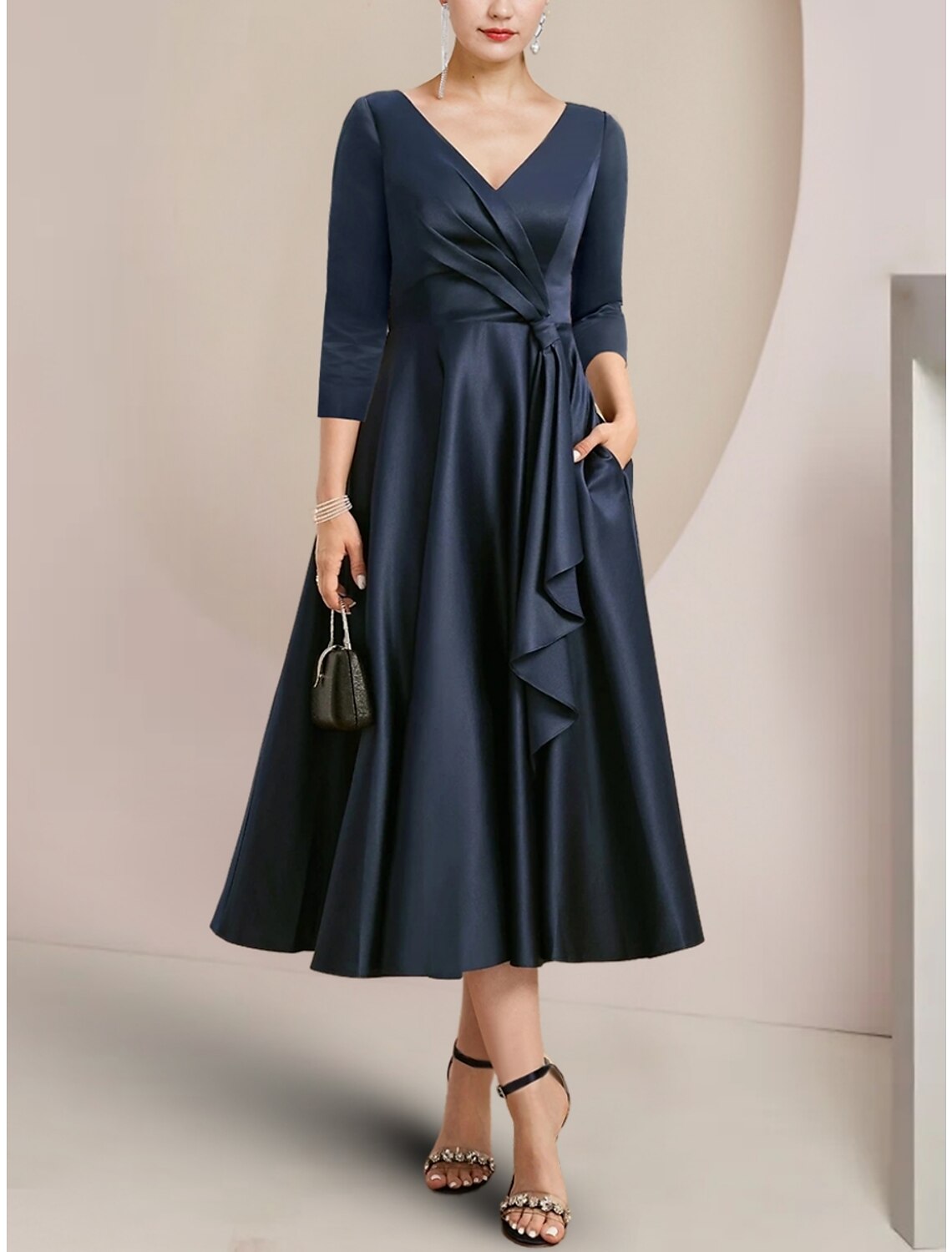 Numbersea A-Line Mother of the Bride Dress Wedding Guest Elegant Petite V Neck Tea Length Satin 3/4 Length Sleeve with Ruching Solid Color