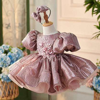 Jacquard Knee-length 1st Birthday Party Baby Girl Dress