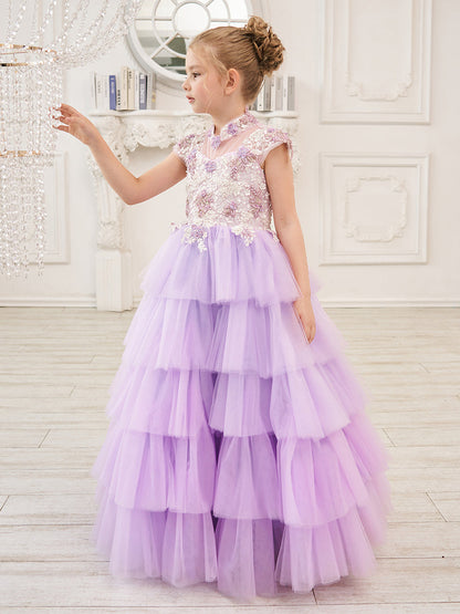 Lilac Tulle Princess Ball Gown with Floral Appliques and Beading for Girls