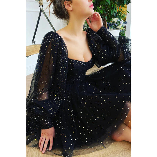 Sweetheart Long Sleeves Black Formal Dress Glitter