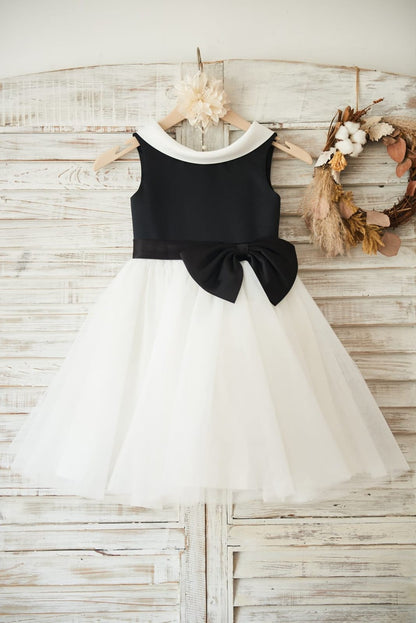 Satin Tulle Knee-length Black Flower Girl Dress