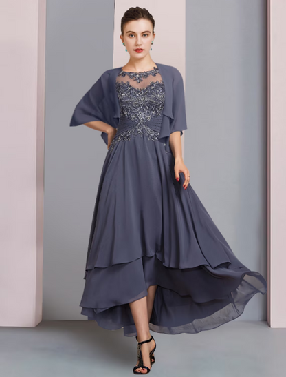 Zweiteiliges A-Linien-Kleid für die Mutter der Braut, formeller Hochzeitsgast, eleganter U-Ausschnitt, asymmetrische Wadenlänge, Chiffon-Spitze, kurze Ärmel, Wickelkleid mit Perlenapplikationen