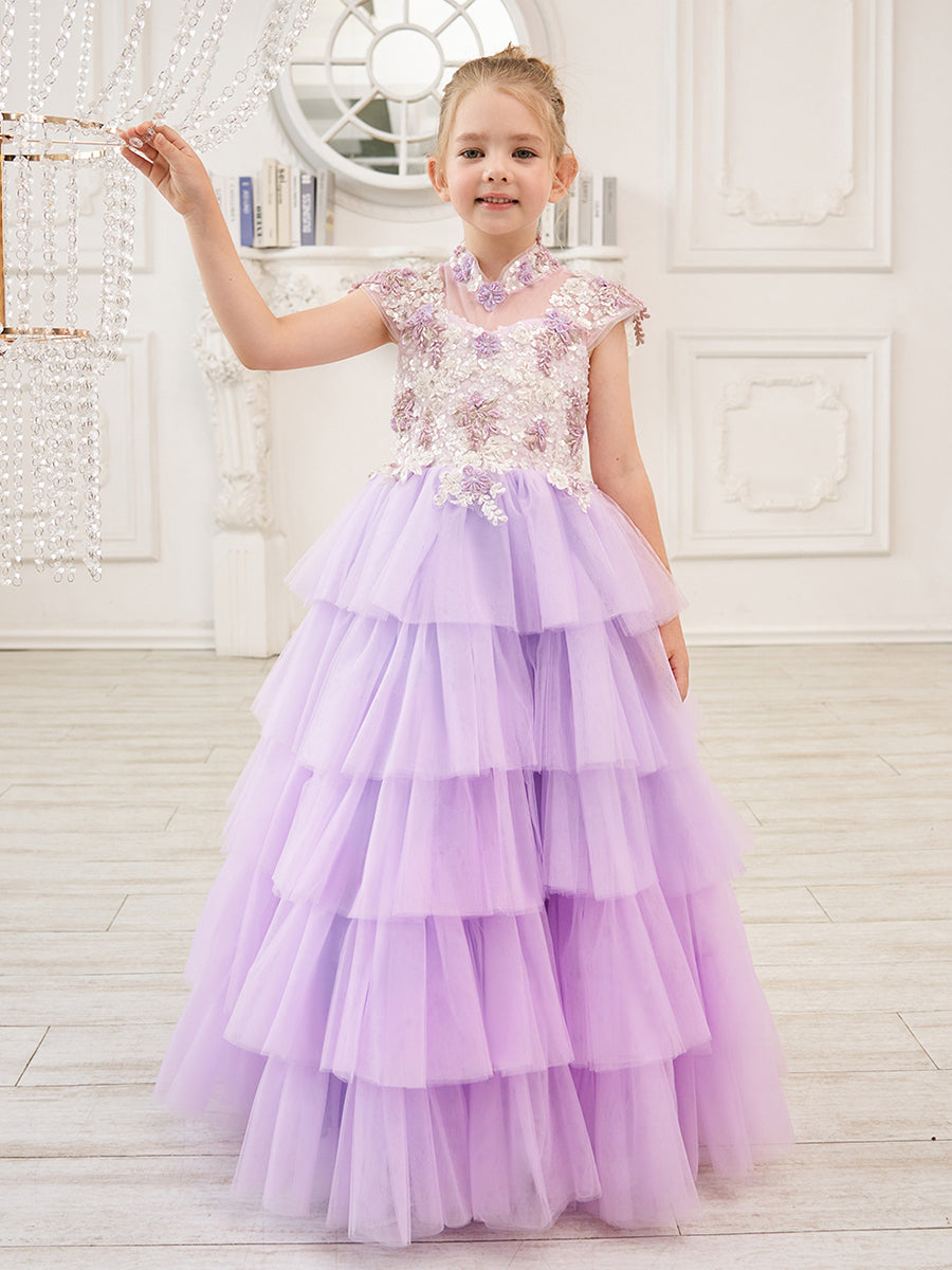 Lilac Tulle Princess Ball Gown with Floral Appliques and Beading for Girls