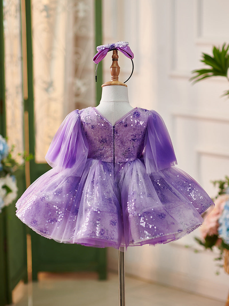 Purple Sequins Tulle Knee-length Baby Girl Dress