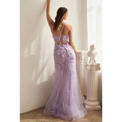 Spaghetti Straps Floral Appliqued Sheer Tulle Mermaid Long Prom Evening Dress