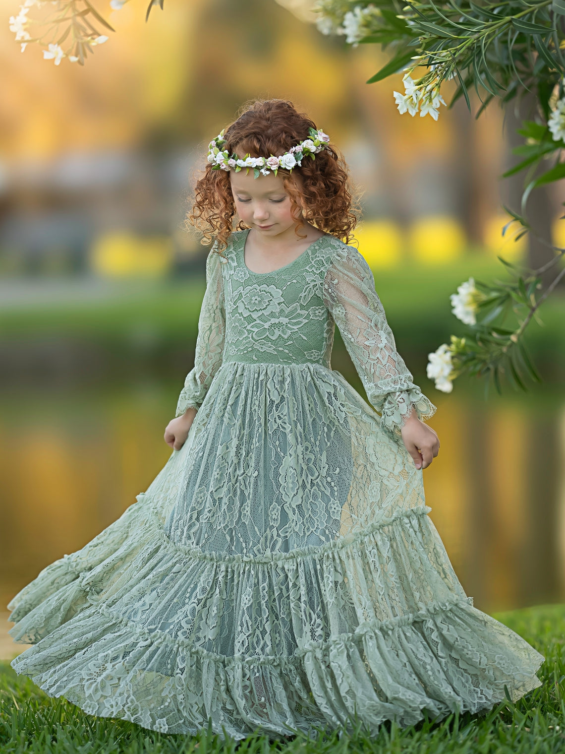 Lace Ankle-length Sage Green Boho Flower Girl Dress