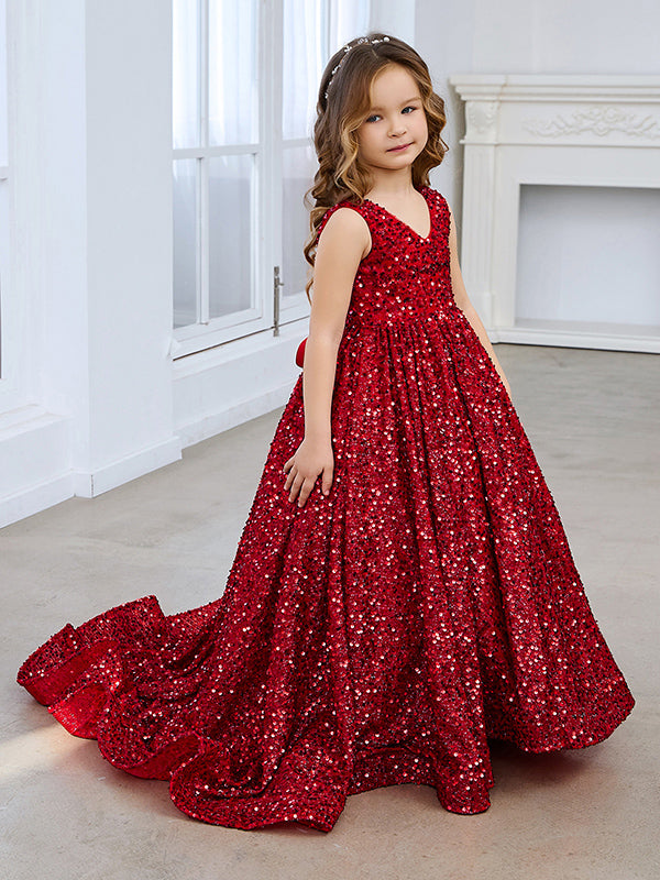 Dazzling Red Sequined Princess Ball Gown with V-Neck and Court Train for Girls