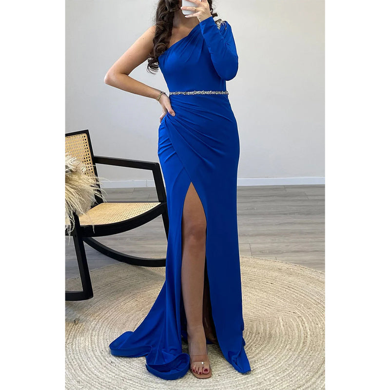 Sheath/column One Shoulder Beaded Royal Blue Satin Long Prom Dress