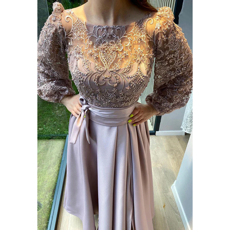 Elegant & Luxurious Long Sleeves A-line Side Slit Applique Party Prom Dress