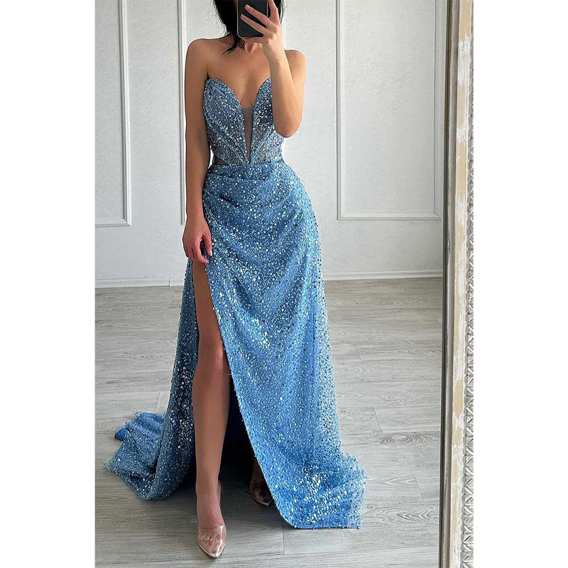 Sparkly Strapless Ruched with Side Slit Sequined Party Prom Evening Dress