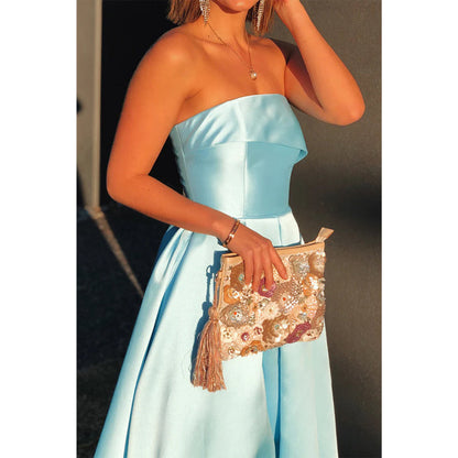 Strapless Light Blue Satin High Split A-line Prom Dress