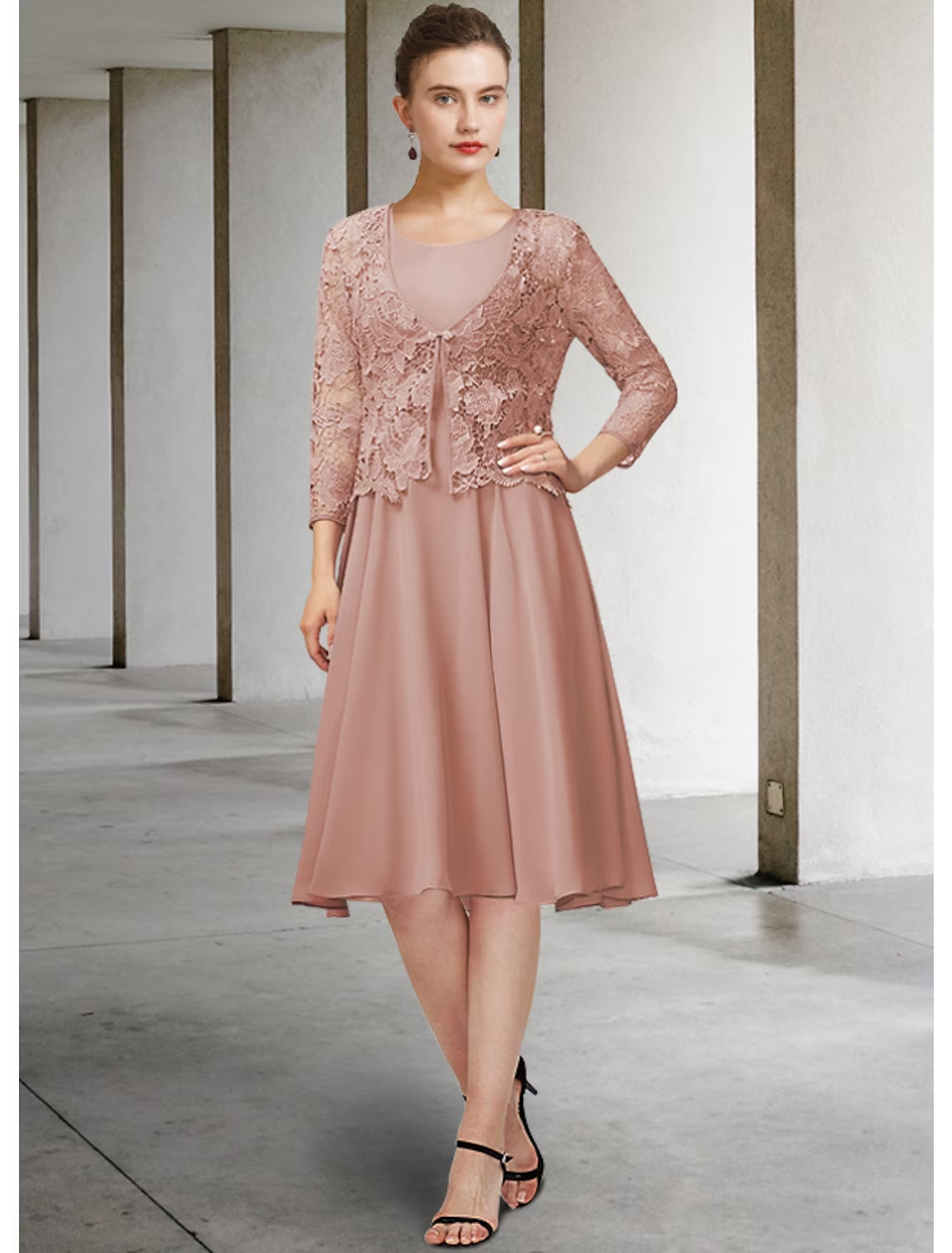 Two Piece A-Line Mother of the Bride Dress Elegant Jewel Neck Knee Length Chiffon Lace 3/4 Length Sleeve with Bow(s) Appliques