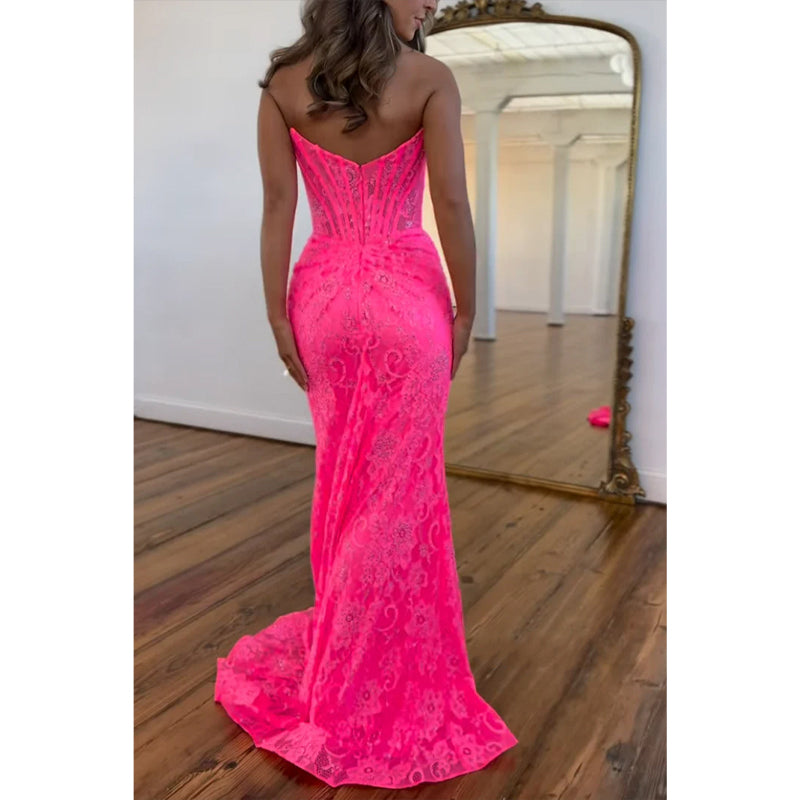 Strapless Pleats Lace Applique with Side Slit Train Party Prom Evening Dress