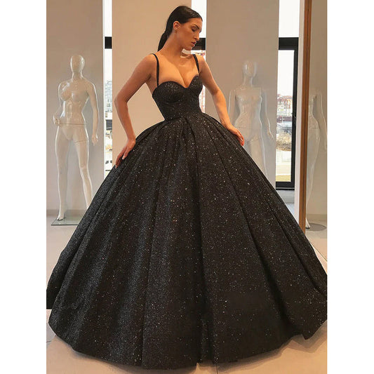 Ballkleid mit herzförmigem Ausschnitt und Spaghettiträgern, schwarz, funkelnd, formelles Abendkleid 