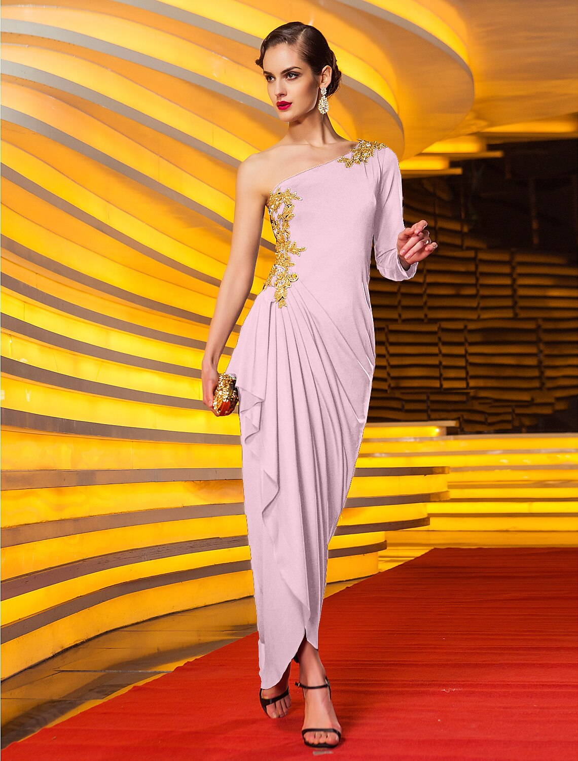 Sheath / Column Celebrity Style Party Wear Formal Evening Dress One Shoulder Long Sleeve Ankle Length Jersey with Beading Draping Appliques