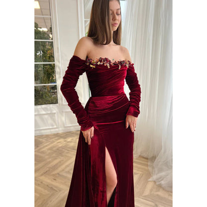 Elegant Red Off-Shoudler Long Sleeves Ruched Slit Prom Dress With Flower