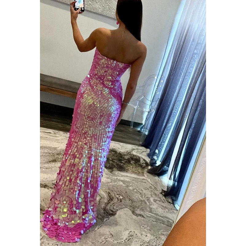 Glamorous Off-Shoulder Sleeveless Side Slit Sequins Evening Party Prom Dress