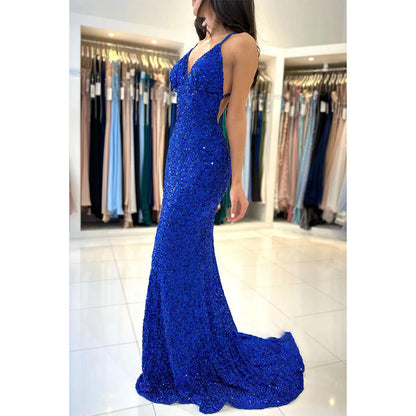 Spaghetti Strpas V Neck Blue Mermaid Long Prom Dress Glitter