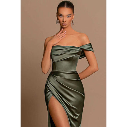 Strapless One Shoulder Ruched Long Prom Evening Dress With Slit