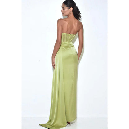 Strapless Satin Pleated Split Long Prom Dress Green Bridesmaid Dress