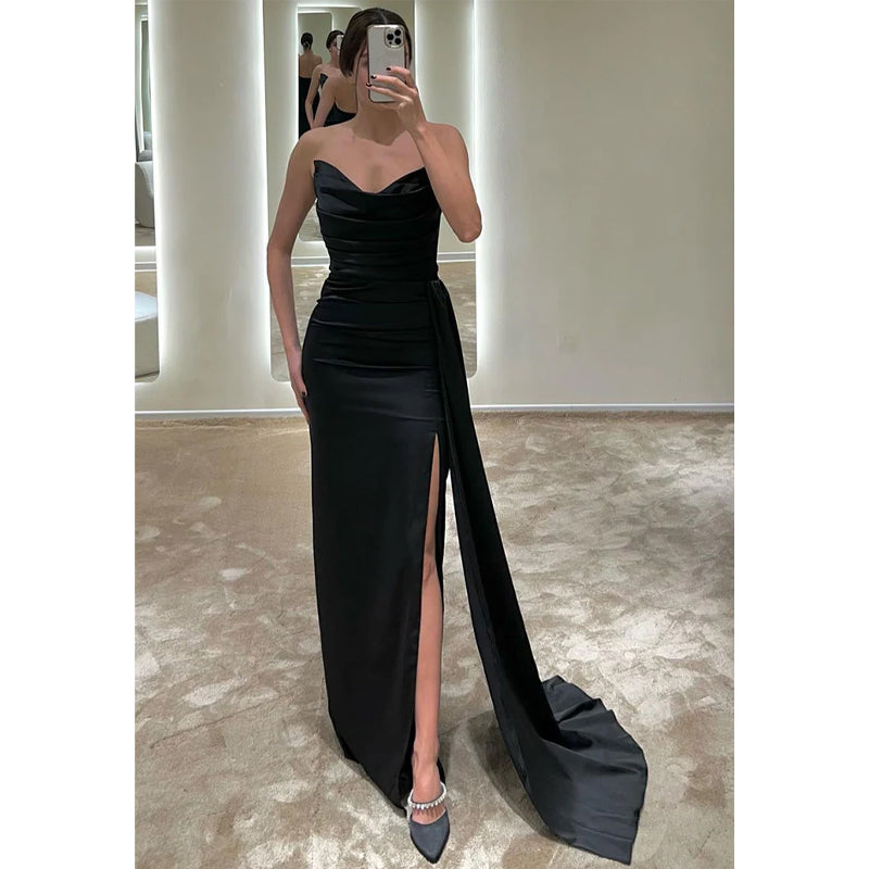 Sheath/column Strapless Satin Pleats Long Formal Evening Gowns