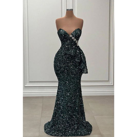 Sparkly Strapless Sequins Beaded Green Long Prom Dress Evening Gowns