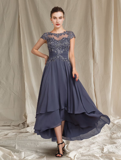 Zweiteiliges A-Linien-Kleid für die Mutter der Braut, formeller Hochzeitsgast, eleganter U-Ausschnitt, asymmetrische Wadenlänge, Chiffon-Spitze, kurze Ärmel, Wickelkleid mit Perlenapplikationen