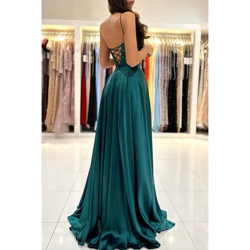 Sheath/Column Straps Satin Pleats Sleeveless Prom Evening Formal Dress