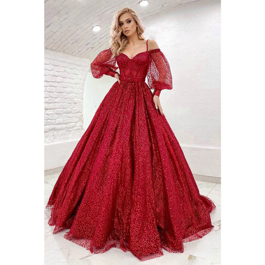 Women's Spaghetti Straps Long Sleeves Sparkly Prom Ball Gown