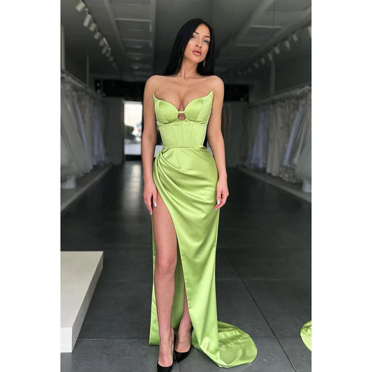 V-Neck Strapless Satin Sheath Long Prom Evening Gown With Slit