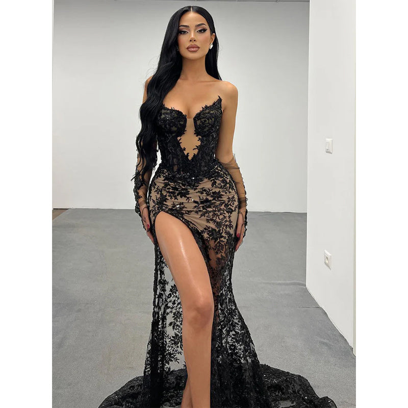 Sexy & Hot Strapless Lace Appliques Long Prom Dress Formal Gown with Train