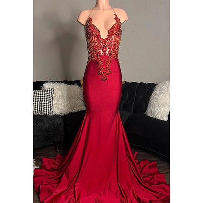 Sexy & Hot Spaghetti Straps Halter Applique Ruffles Backless Evening Party Prom Dress