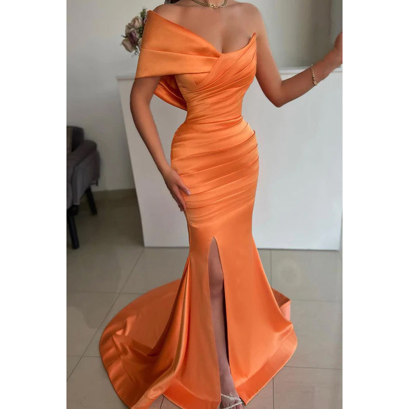 Simple One Shoulder Sleeveless Ruched Satin Mermaid Long Evening Dress