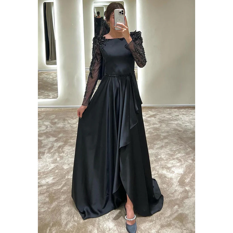 Sheath/Column Square Satin Appliques Long Sleeves Formal Dress