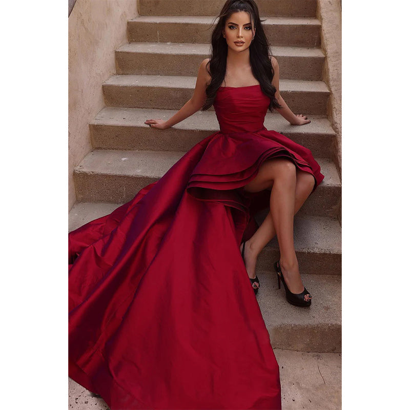 Strapless High Low Burgundy Prom Dress