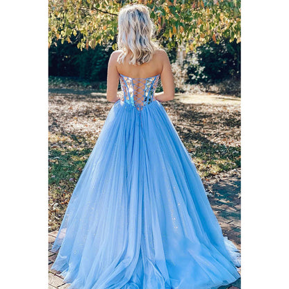 Sky Blue Tulle Beads A-line Senior Prom Dress