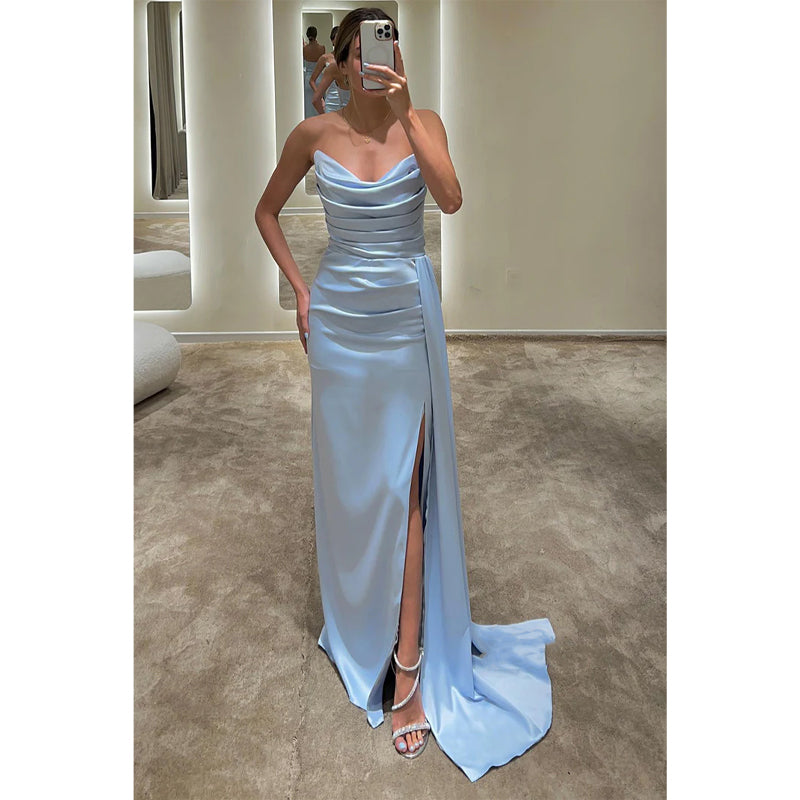 Chic & Modern Strapless Simple Pleats Slit Long Formal Evening Dresses