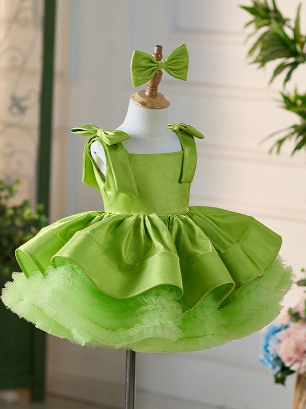 Satin Tulle Knee-length Green Baby Girl Dress