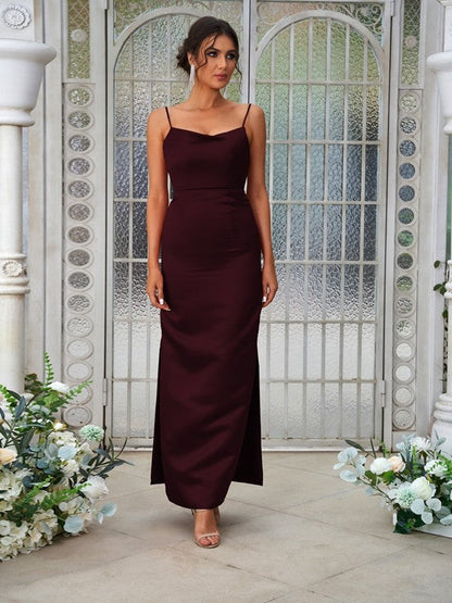 Sheath/Column Satin Ruched Spaghetti Straps Sleeveless Ankle-Length Bridesmaid Dresses